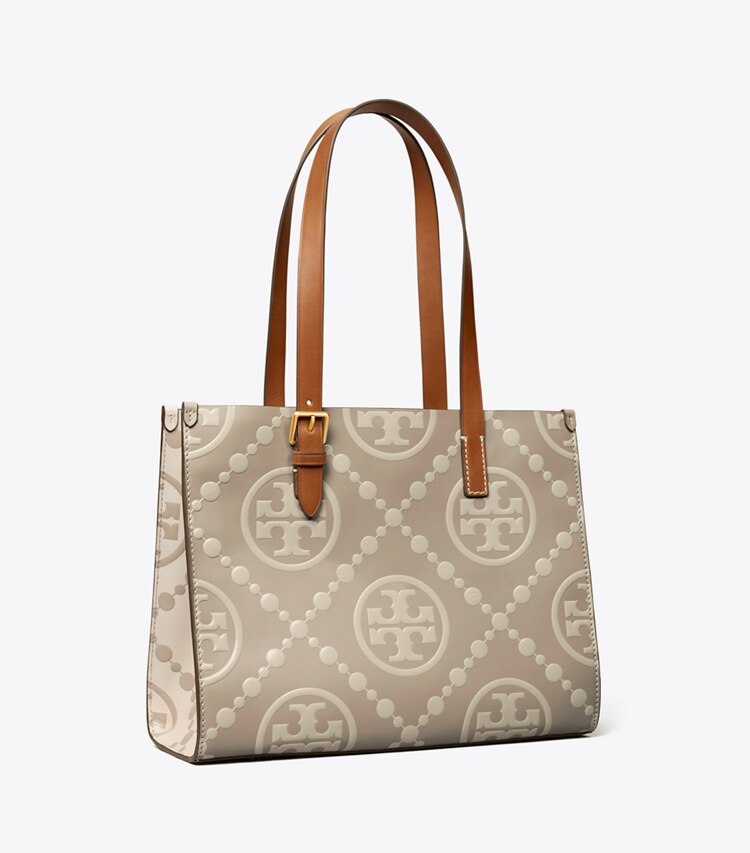 Tory Burch diseñador bolsos tote Bolso tote con monograma de T en relieve en contraste en LONGAN / New Cream ángulo
