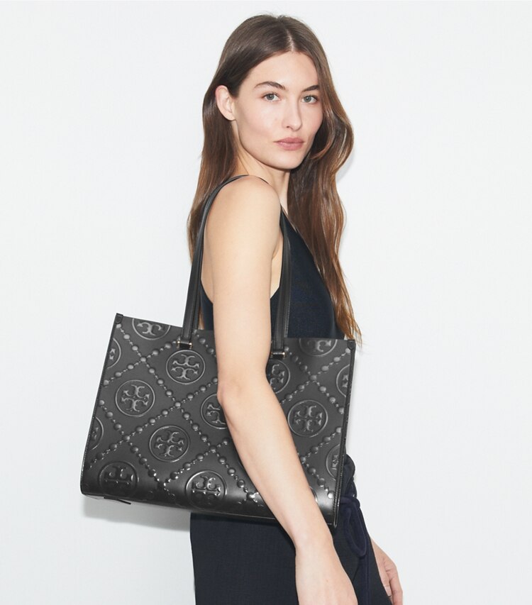 Tory Burch diseñador bolsos tote Bolso Tote con monograma T grabado en relieve en Black/Black accesorio en modelo