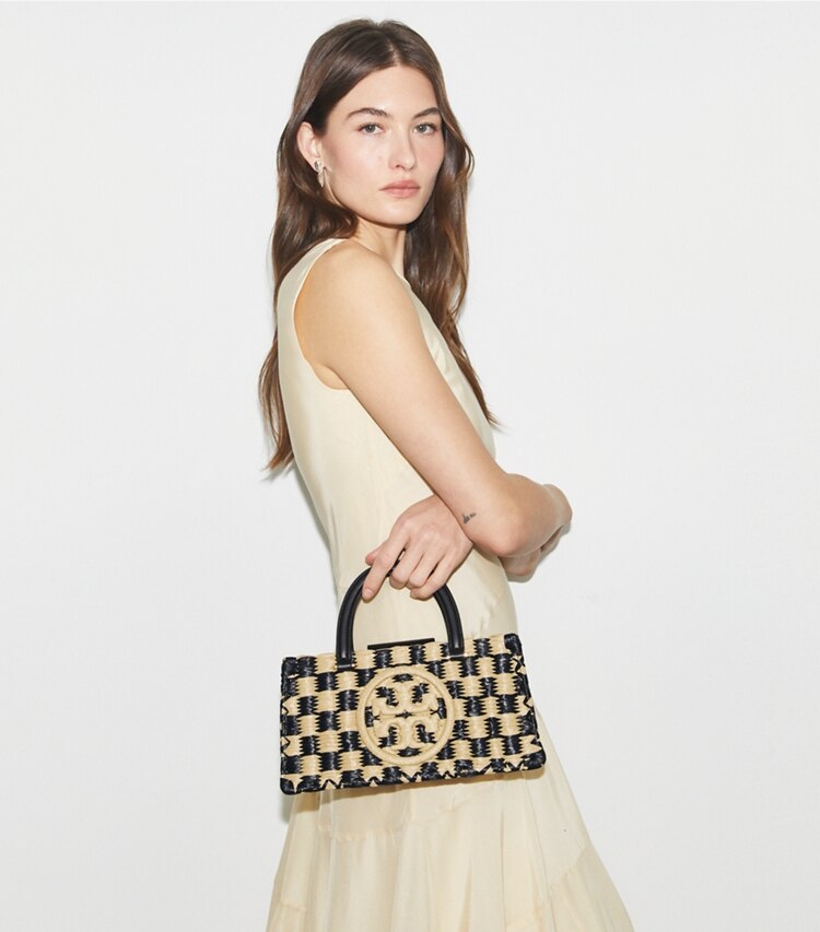 Tory Burch diseñador bolsos satchel Bolso Tote de croché hecho a mano Ella East-West en Black / Natural accesorio en modelo