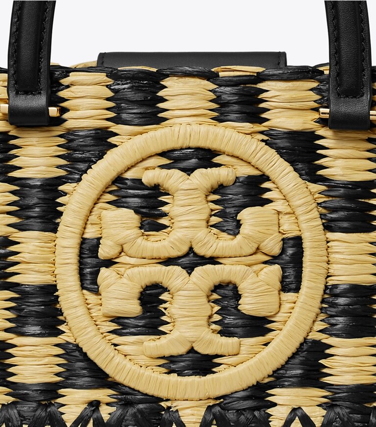 Tory Burch diseñador bolsos satchel Bolso Tote de croché hecho a mano Ella East-West en Black / Natural detalle