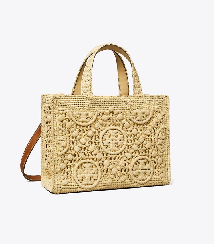 Tory Burch diseñador bolsos satchel Bolso tote de rafia con asa superior con monograma de T en Natural ángulo