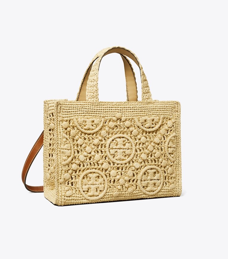 Tory Burch diseñador bolsos satchel Bolso tote de rafia con asa superior con monograma de T en Natural ángulo
