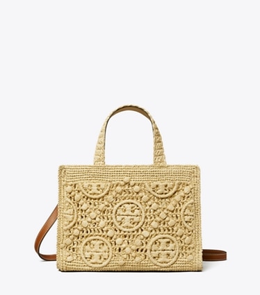 Tory Burch diseñador bolsos satchel Bolso tote de rafia con asa superior con monograma de T en Natural frontal