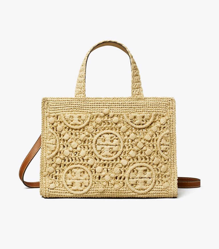 Tory Burch diseñador bolsos satchel Bolso tote de rafia con asa superior con monograma de T en Natural frontal