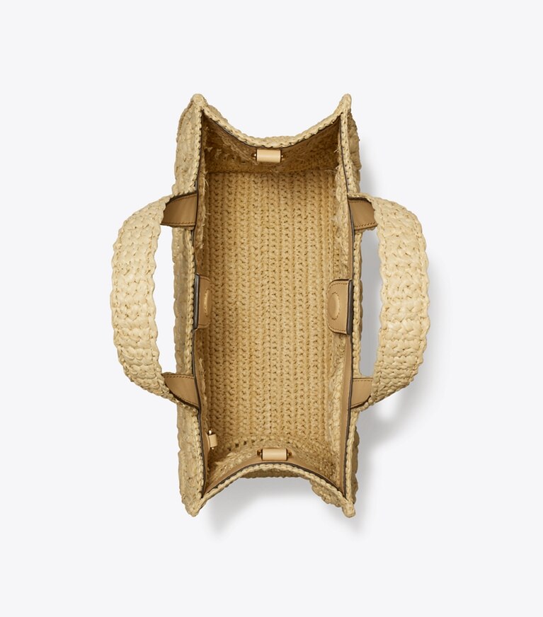 Tory Burch diseñador bolsos satchel Bolso tote de rafia con asa superior con monograma de T en Natural desde arriba