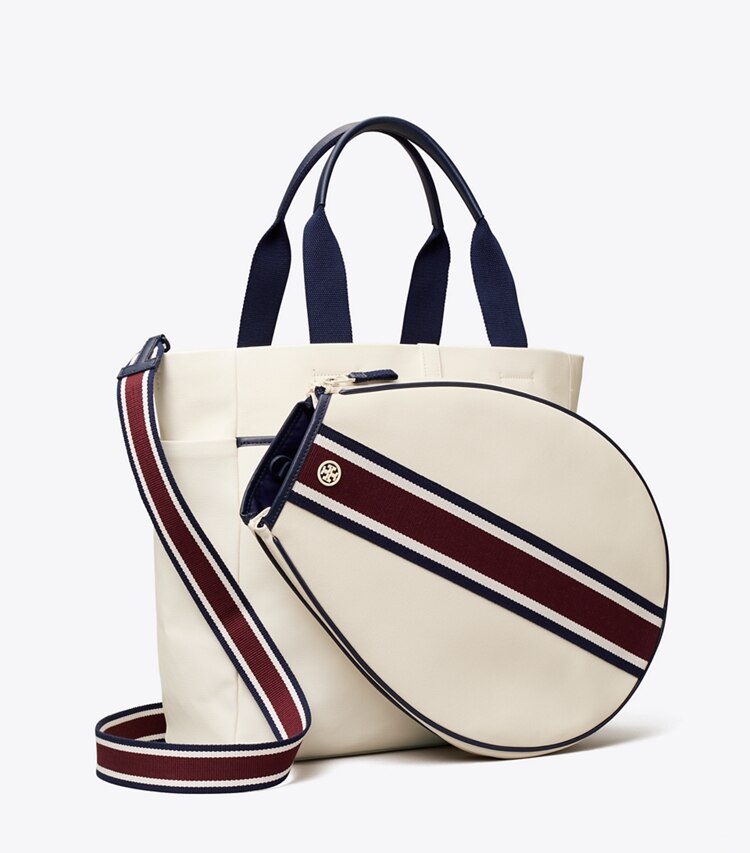 Tory Sport diseñador bolsos tote Bolso Tote de tenis a rayas en Ivory Pearl / Winetasting ángulo