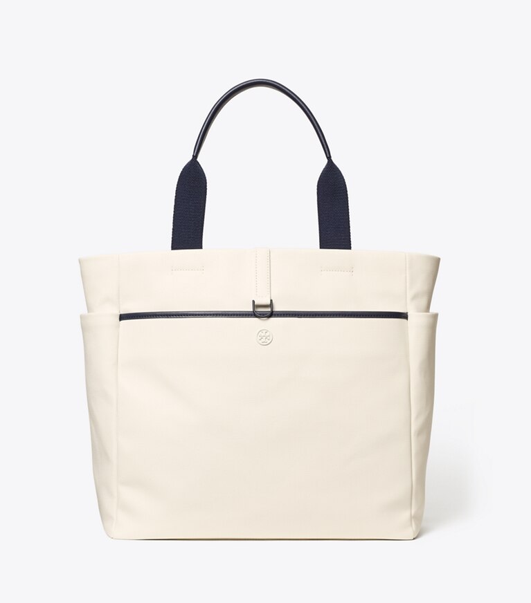 Tory Sport diseñador bolsos tote Bolso Tote de tenis a rayas en Ivory Pearl / Winetasting detalle