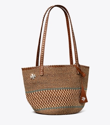 Tory Burch diseñador bolsos tote Bolso tote grande de cesta tejida a mano en Cognac Multi ángulo