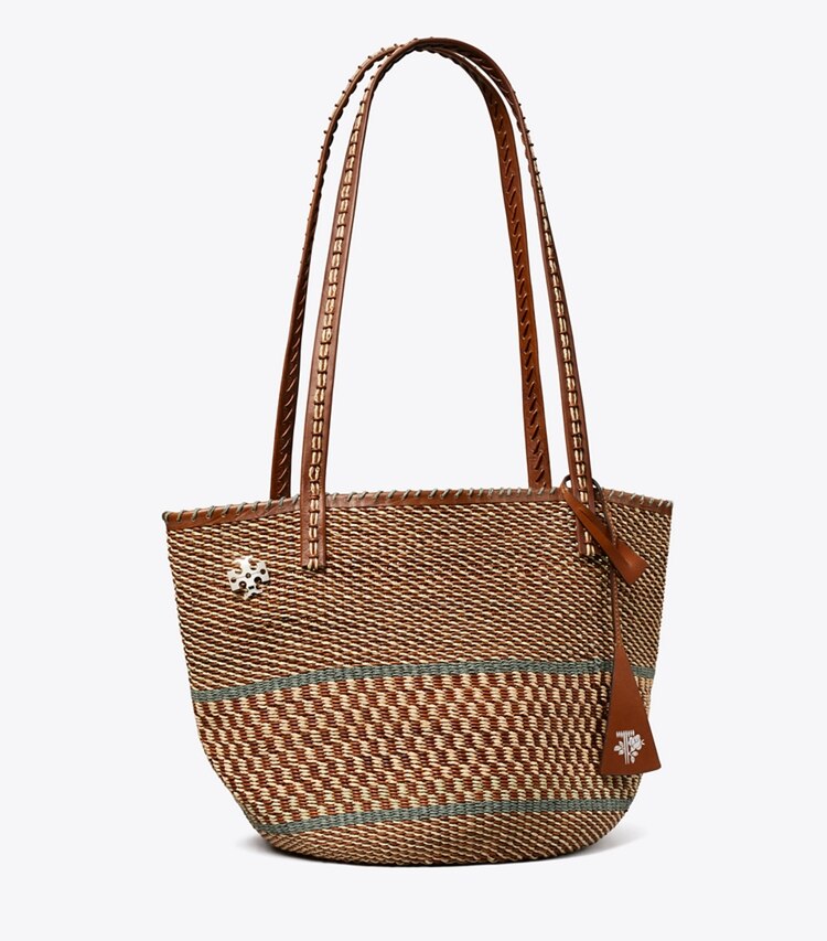 Tory Burch diseñador bolsos tote Bolso tote grande de cesta tejida a mano en Cognac Multi ángulo