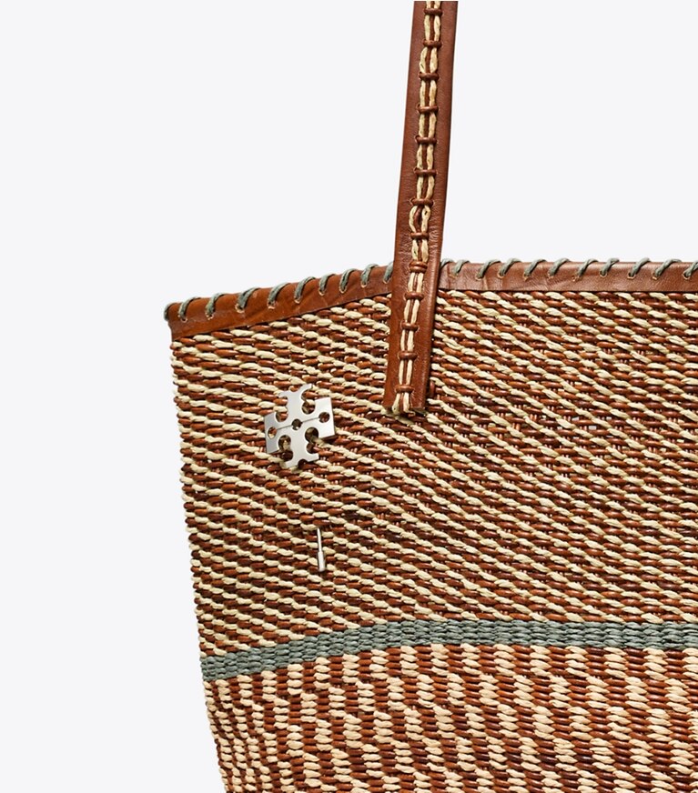 Tory Burch diseñador bolsos tote Bolso tote grande de cesta tejida a mano en Cognac Multi detalle