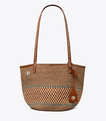 Tory Burch diseñador bolsos tote Bolso tote grande de cesta tejida a mano en Cognac Multi frente