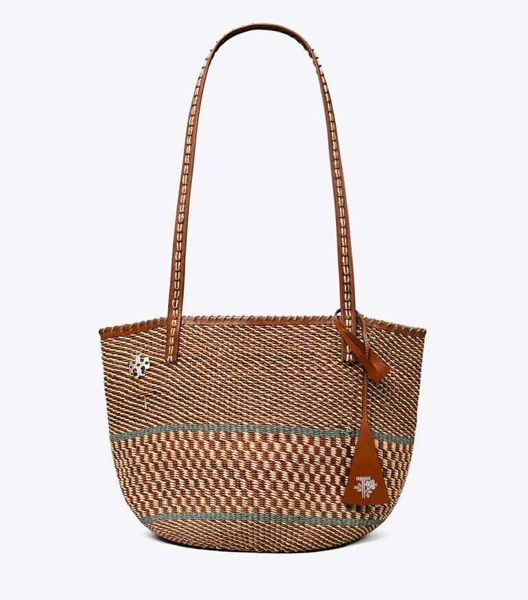 Tory Burch diseñador bolsos tote Bolso tote grande de cesta tejida a mano en Cognac Multi frente