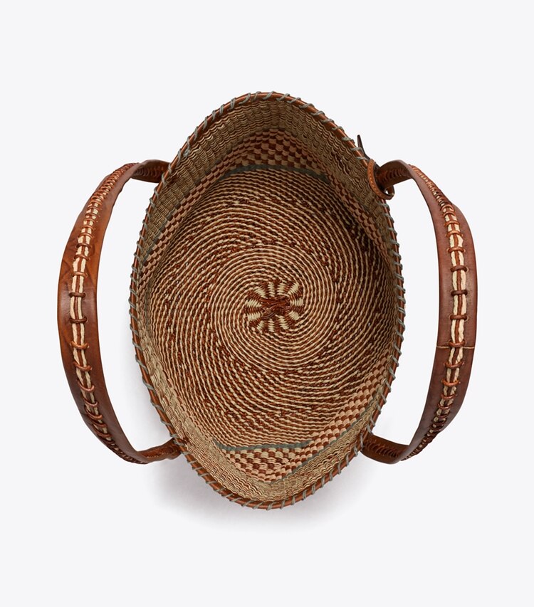Tory Burch diseñador bolsos tote Bolso tote grande de cesta tejida a mano en Cognac Multi vista superior