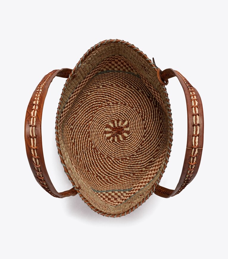 Tory Burch diseñador bolsos tote Bolso tote grande de cesta tejida a mano en Cognac Multi vista superior