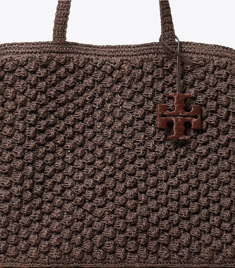Tory Burch diseñador bolsos tote Bolso Tote grande Ella tejido a mano a crochet con punto palomitas en Dark Cocoa detalle