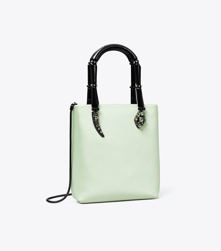 Tory Burch diseñador bolsos bandolera Bolso Tote mini de satén con asa de serpiente en Mint ángulo