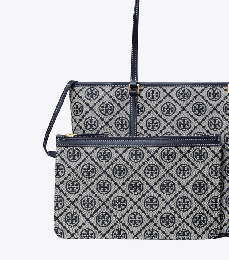 Tory Burch diseñador bolsos tote Bolso tote pequeño con cremallera con monograma de T en Tory Navy detalle