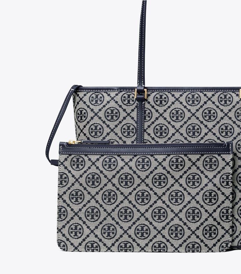 Tory Burch diseñador bolsos tote Bolso tote pequeño con cremallera con monograma de T en Tory Navy detalle