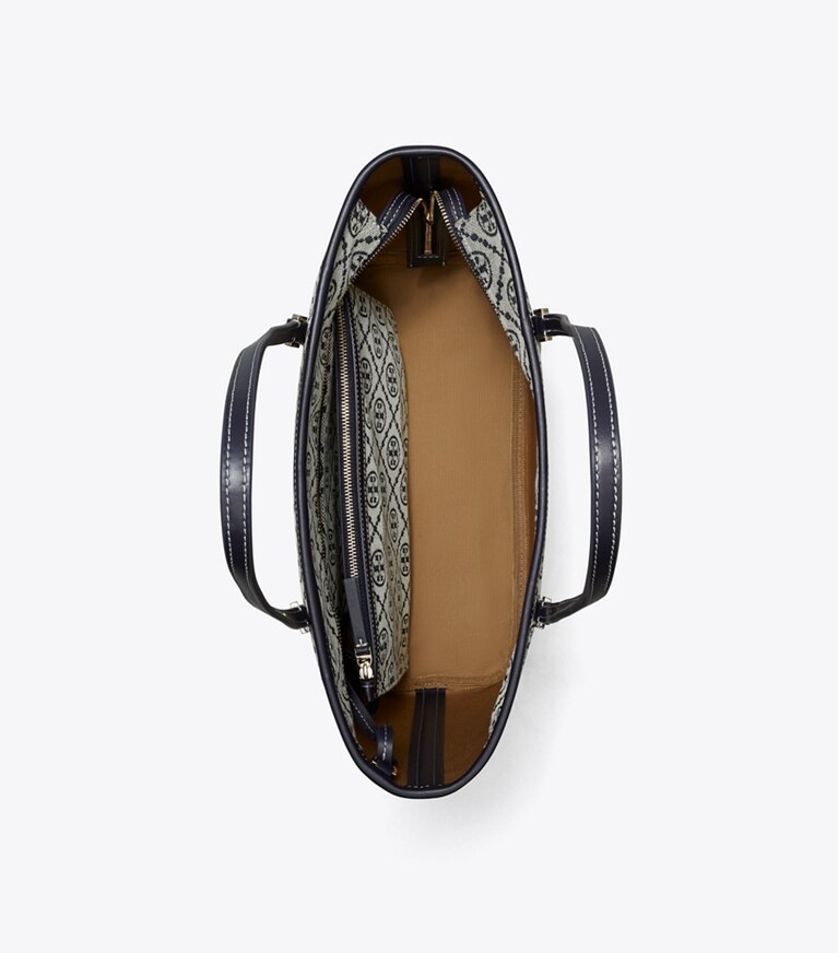 Tory Burch diseñador bolsos tote Bolso tote pequeño con cremallera con monograma de T en Tory Navy desde arriba