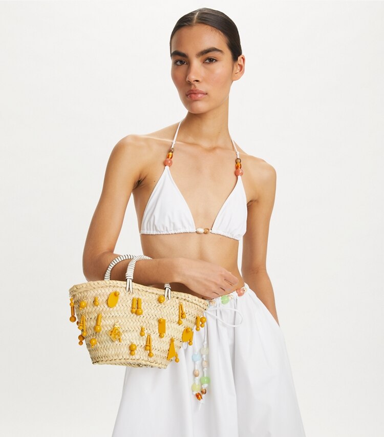 Tory Burch diseñador bolsos tote Bolso Tote pequeño de rafia bordada en Cassia accesorio en modelo