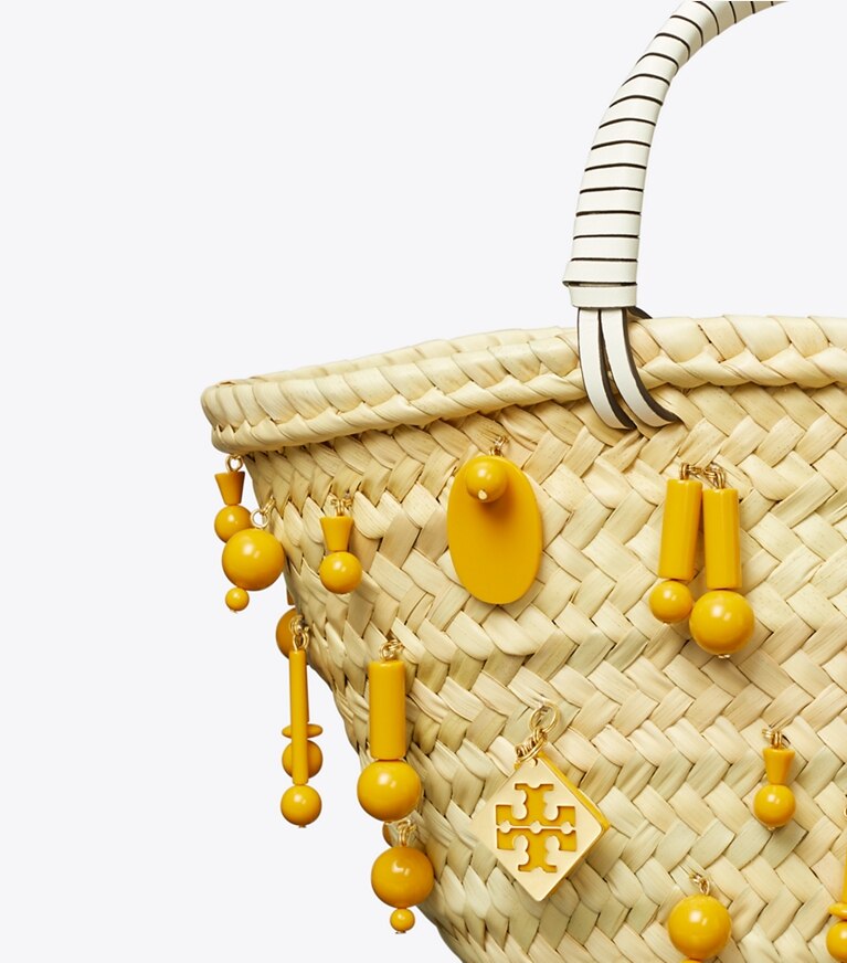 Tory Burch diseñador bolsos tote Bolso Tote pequeño de rafia bordada en Cassia detalle