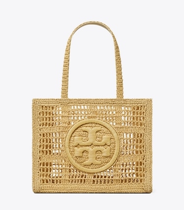 Tory Burch diseñador bolsos tote Bolso tote pequeño Ella con croché hecho a mano en Natural frontal