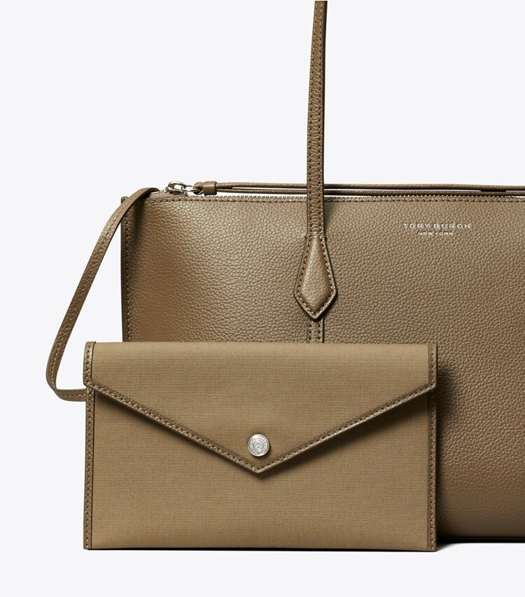 Tory Burch diseñador bolsos tote Bolso tote pequeño Perry con cremallera en Wild Mushroom detalle