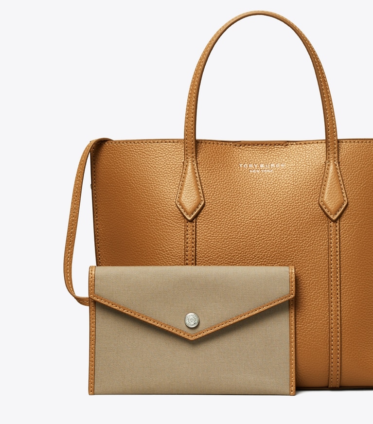Tory Burch diseñador bolsos tote Bolso tote pequeño Perry con cremallera en Autumn Brown detalle