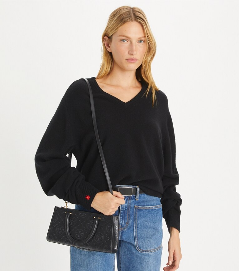 Tory Burch diseñador bolsos satchel Bolso tote rectangular pequeño con monograma de T en relieve en Black accesorio en el modelo