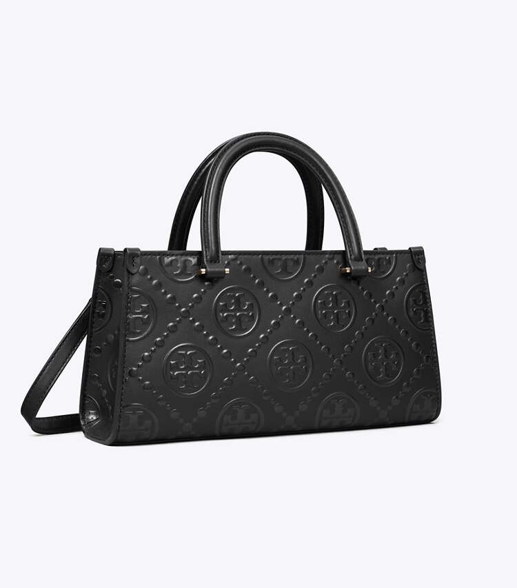 Tory Burch diseñador bolsos satchel Bolso tote rectangular pequeño con monograma de T en relieve en Black ángulo