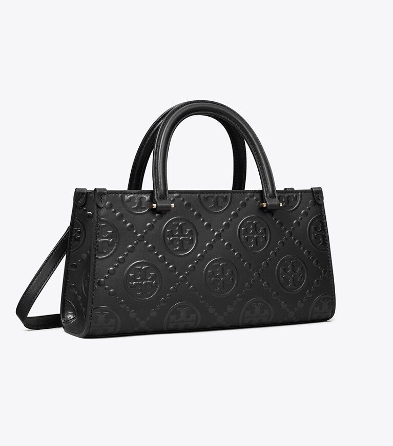 Tory Burch diseñador bolsos satchel Bolso tote rectangular pequeño con monograma de T en relieve en Black ángulo
