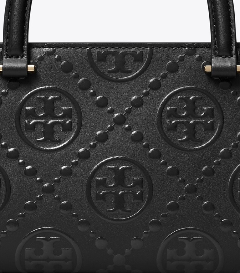 Tory Burch diseñador bolsos satchel Bolso tote rectangular pequeño con monograma de T en relieve en Black detalle