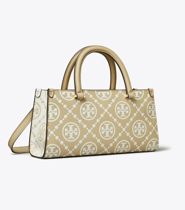 Tory Burch diseñador bolsos satchel Bolso tote rectangular pequeño con monograma de T en relieve en contraste en Beige ángulo