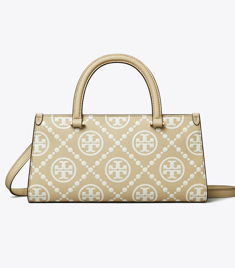 Tory Burch diseñador bolsos satchel Bolso tote rectangular pequeño con monograma de T en relieve en contraste en Beige frontal