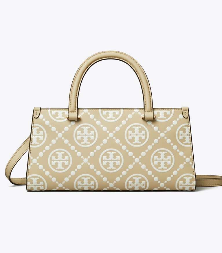 Tory Burch diseñador bolsos satchel Bolso tote rectangular pequeño con monograma de T en relieve en contraste en Beige frontal