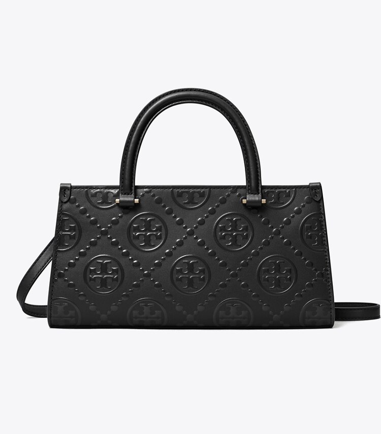 Tory Burch diseñador bolsos satchel Bolso tote rectangular pequeño con monograma de T en relieve en Black frontal