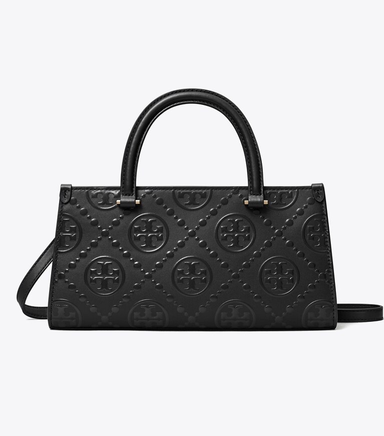 Tory Burch diseñador bolsos satchel Bolso tote rectangular pequeño con monograma de T en relieve en Black frontal