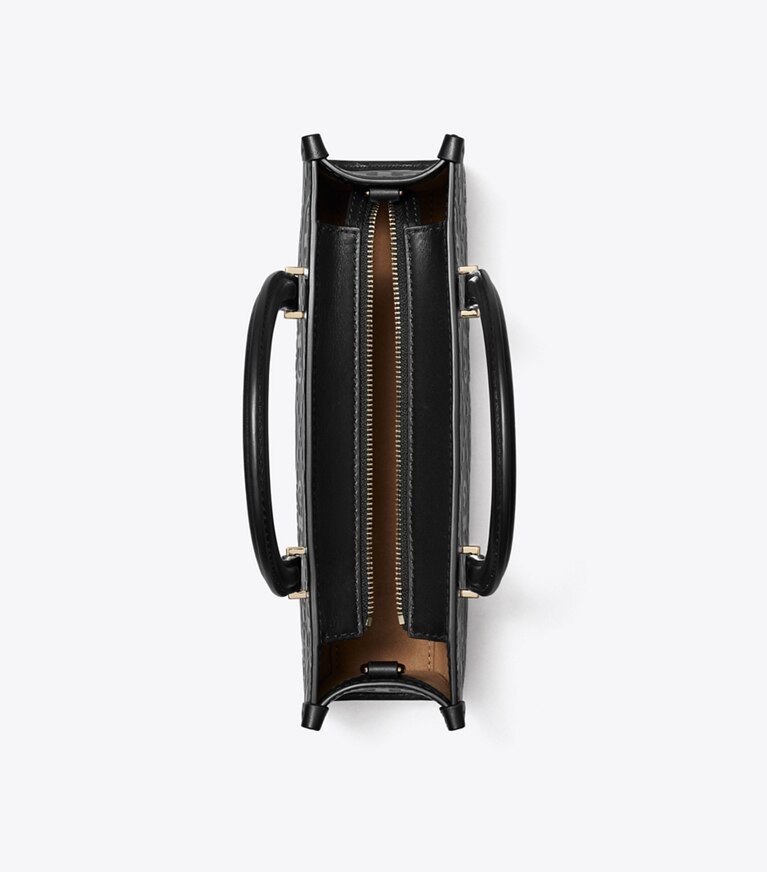 Tory Burch diseñador bolsos satchel Bolso tote rectangular pequeño con monograma de T en relieve en Black desde arriba