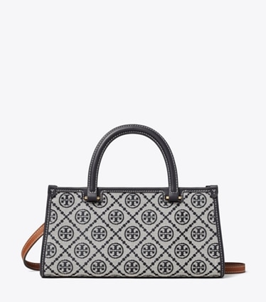Tory Burch diseñador bolsos satchel Bolso tote rectangular pequeño con monograma de T en Tory Navy frontal