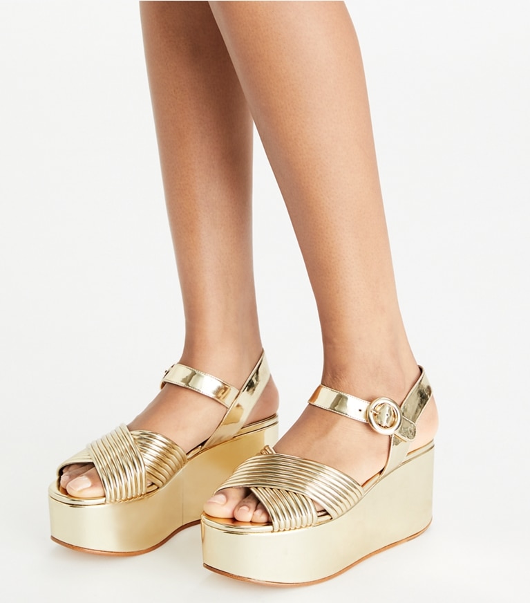 Tory Burch designer sandals Bombe Cross-Strap Platform Sandal in SPARK GOLD / SPARK GOLD angle