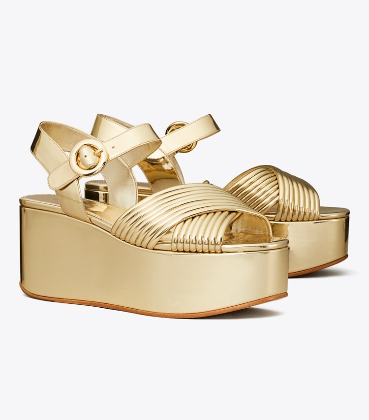 Tory Burch designer sandals Bombe Cross-Strap Platform Sandal in SPARK GOLD / SPARK GOLD angle