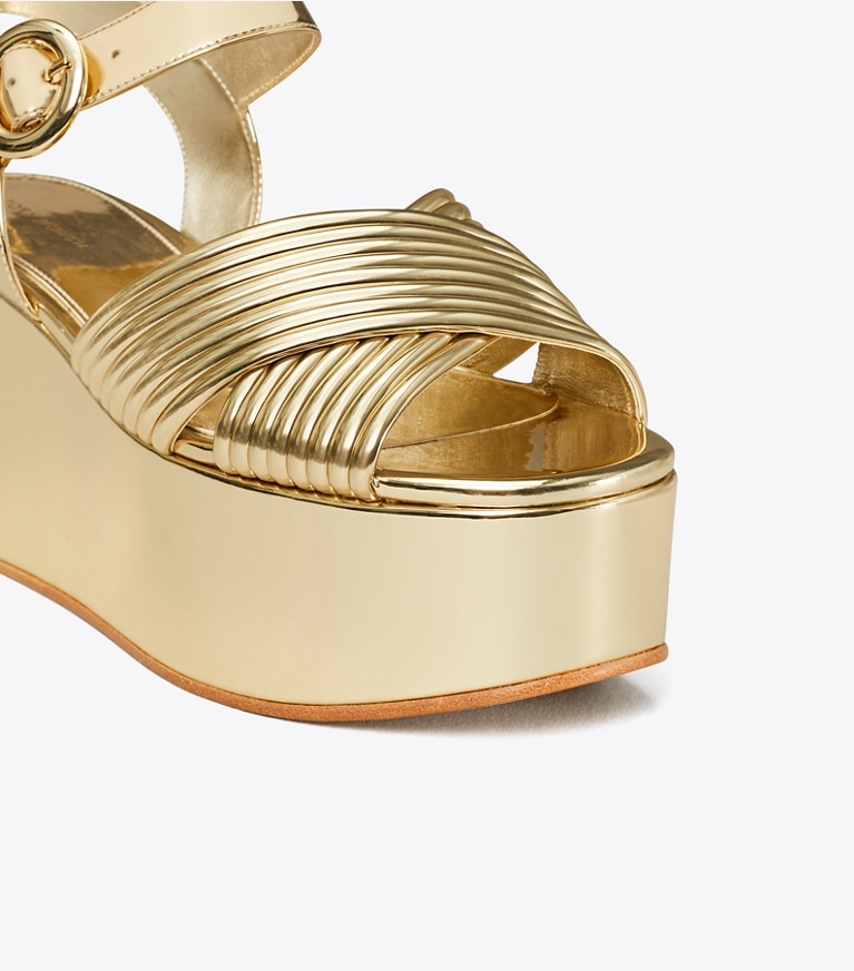 Tory Burch designer sandals Bombe Cross-Strap Platform Sandal in SPARK GOLD / SPARK GOLD angle