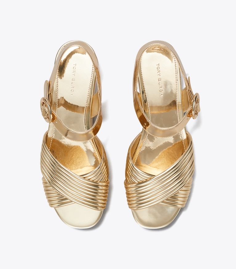Tory Burch designer sandals Bombe Cross-Strap Platform Sandal in SPARK GOLD / SPARK GOLD angle
