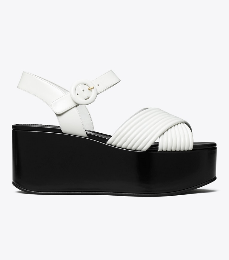 Tory Burch designer sandals Bombe Cross-Strap Platform Sandal in CLOUD / PERFECT BLACK angle