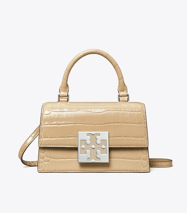 Tory Burch designer crossbody bags Bon Bon Croc-Embossed Mini Bag in Taupe angle