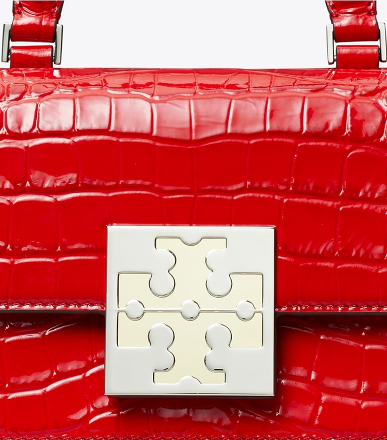 Tory Burch designer crossbody bags Bon Bon Croc Embossed Mini Top-Handle Bag in Candy Apple angle