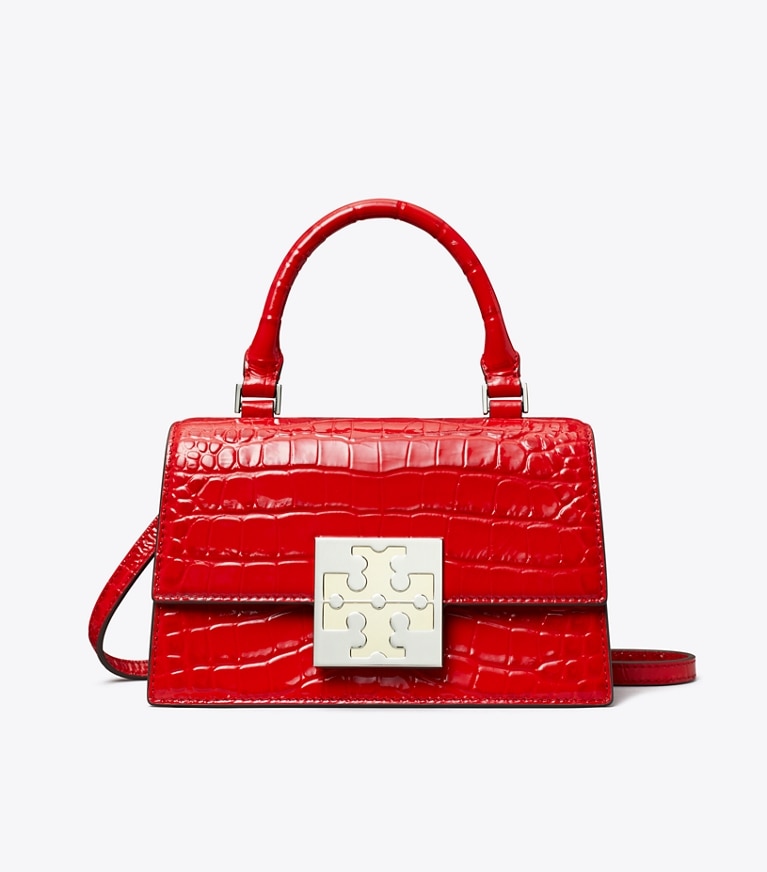 Tory Burch designer crossbody bags Bon Bon Croc Embossed Mini Top-Handle Bag in Candy Apple angle