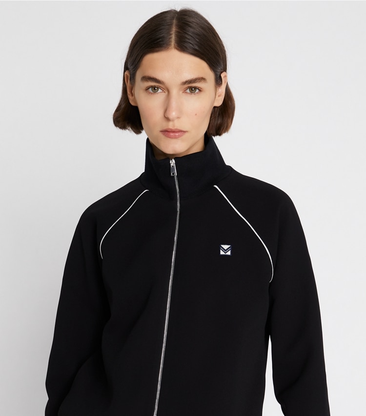 Tory Sport designer jackets Bonded Crepe Track Jacket in Black on model detail