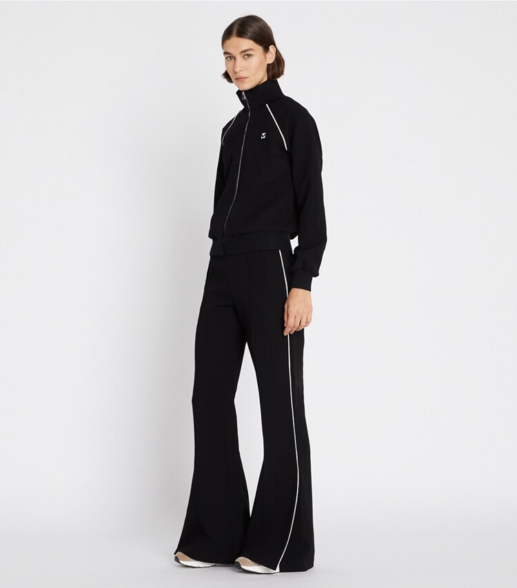 Tory Sport designer jackets Bonded Crepe Track Jacket in Black on model front