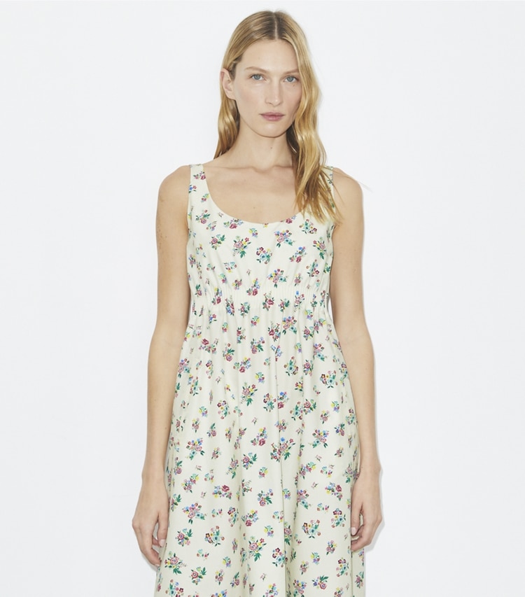 Tory Burch designer coverups Bonded Poplin Dress in Multi Ditsy Floral on model detail